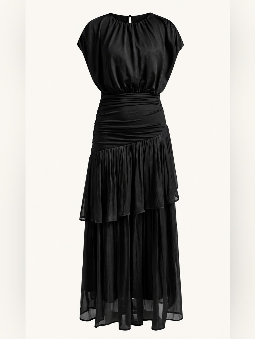 New Luxe Ruched Blouson Dropped Waist Tiered Maxi Dress Black - Picture 6 of 13